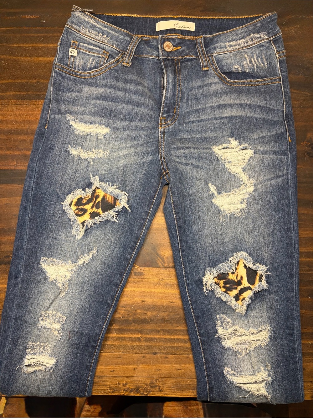 KanCan Dark Blue Distressed Boyfriend Jeans with Leopard Patch